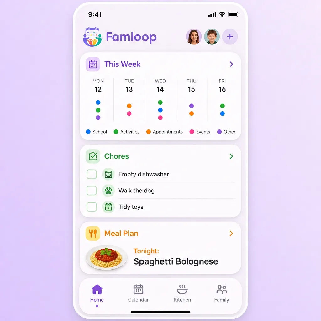 Famloop app showing the family calendar, chores list and tonight's meal plan in one place.